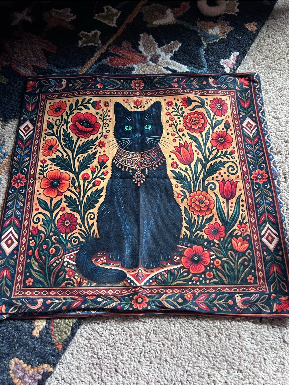 Decorative Black Cat Pillow Cover with Floral Motif